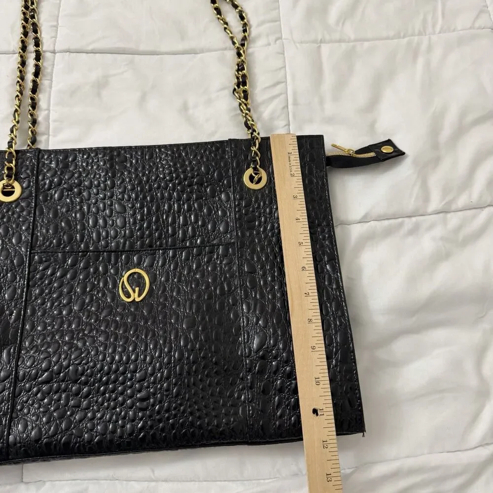 St. John Tote Bag Large Black Patent Leather Embossed Gold Chain Straps - Picture 9 of 11